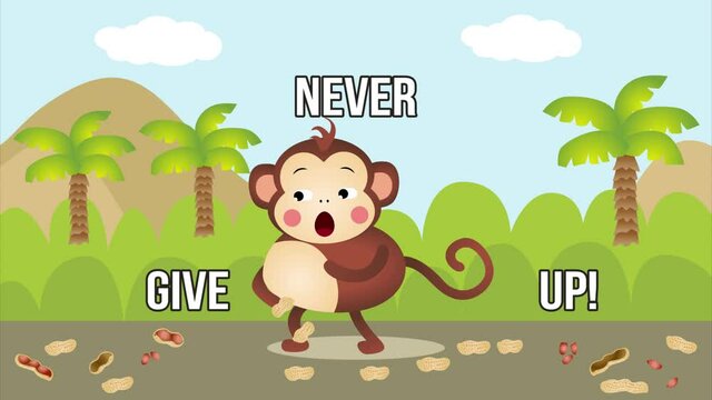 Cute animation of Never give up cute monkey picking peanuts from the floor in forest

