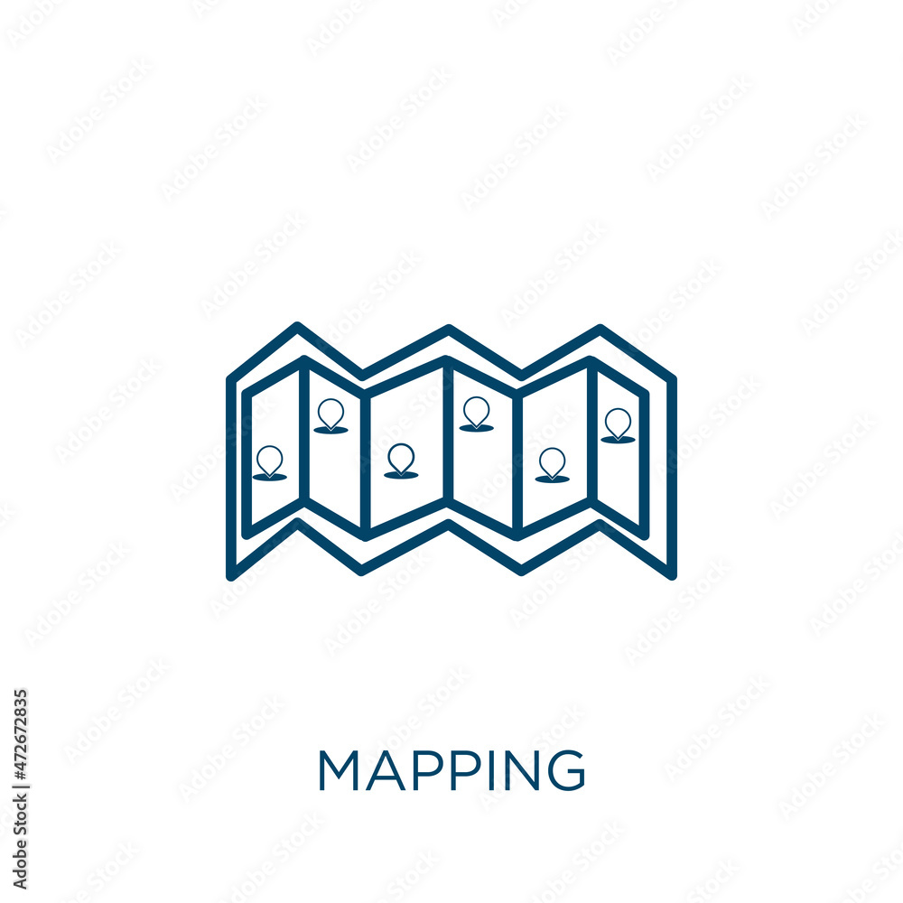 Poster mapping icon. thin linear mapping outline icon isolated on white background. line vector mapping sig