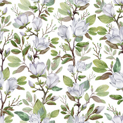 watercolor illustration. floral seamless pattern blooming magnolia and birds. for cards, invitations, stickers, wedding, birthday, Valentine's Day, decor, fabric design, clothing.