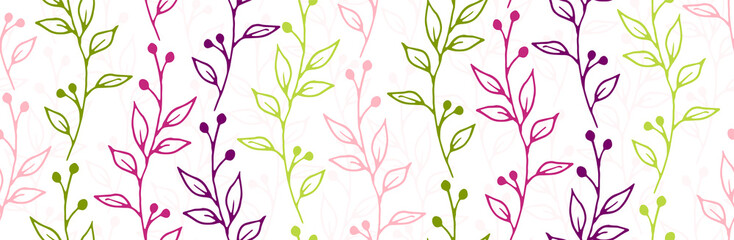 Berry bush twigs organic vector seamless ornament. Romantic herbal fabric print. Garden plants leaves and stems illustration. Berry bush branches flat seamless background
