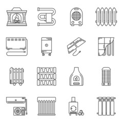 Heating icons set. Simple linear images of equipment for heating a room, includes a radiator, fireplace, stove, electric heaters. Isolated vector on pure white background.