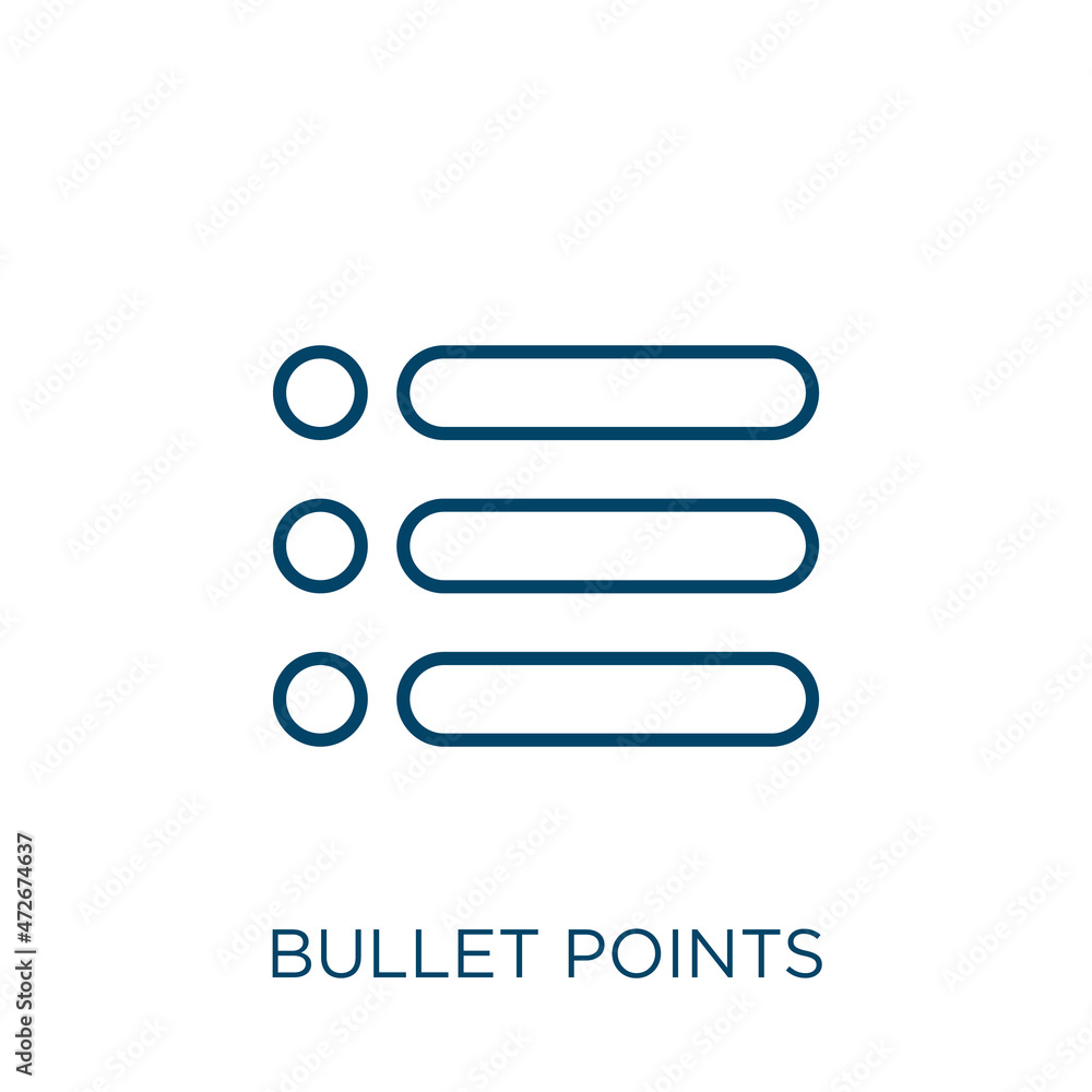 Poster bullet points icon. thin linear bullet points outline icon isolated on white background. line vector