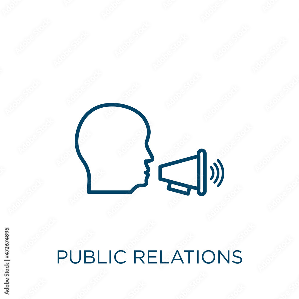 Poster public relations icon. thin linear public relations outline icon isolated on white background. line 