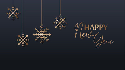 Luxury elegant Happy New Year banner template with Shining Gold Snowflakes on dark background. Vector illustration with snowflake frame and sparkles.