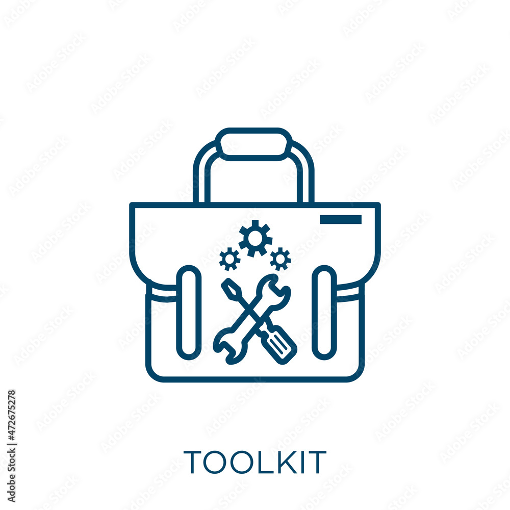 Aufkleber toolkit icon. thin linear toolkit outline icon isolated on white background. line vector toolkit sig