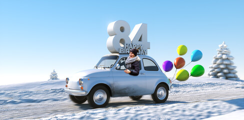 Geburtstagsauto Happy Birthday 84 im Winter