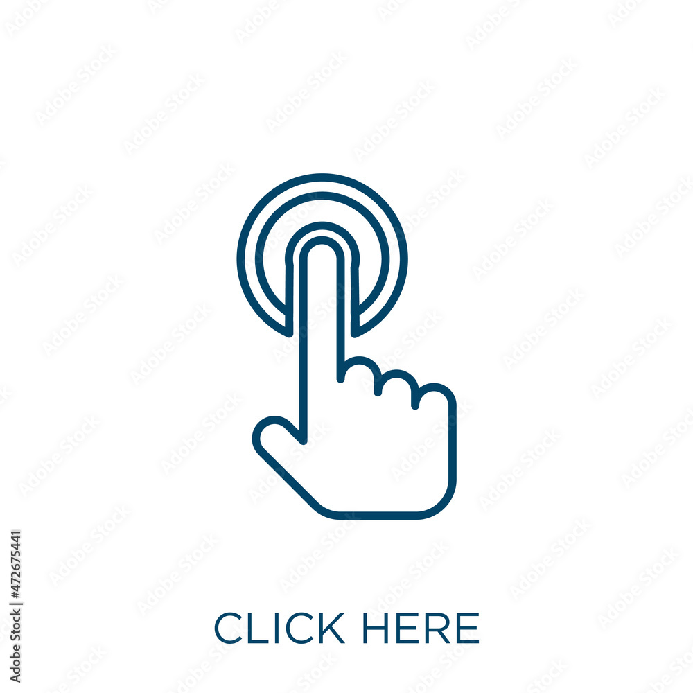 Poster click here icon. thin linear click here outline icon isolated on white background. line vector click