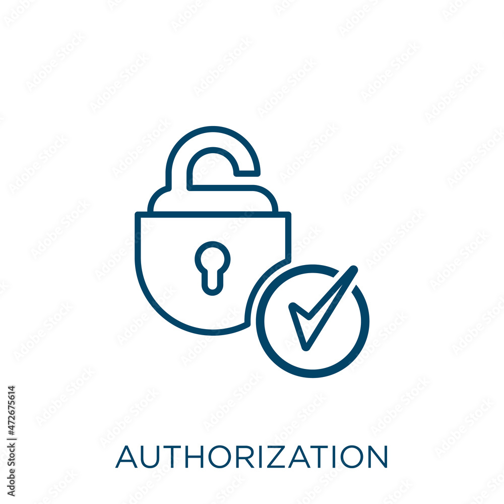 Poster authorization icon. thin linear authorization outline icon isolated on white background. line vector