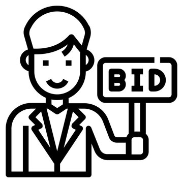 auctioneer holding bid sign, black outline clip art preview