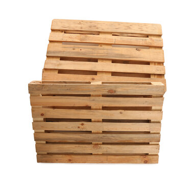 Wooden pallets isolated on white, top view. Transportation and storage