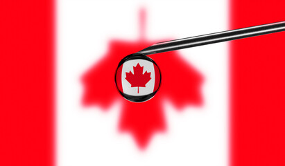 Vaccine syringe with drop on needle against national flag of Canada background. Medical concept vaccination. Coronavirus Sars-Cov-2 pandemic protection. National safety idea.