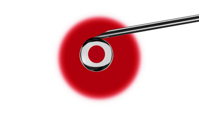 Vaccine syringe with drop on needle against national flag of Japan background. Medical concept vaccination. Coronavirus Sars-Cov-2 pandemic protection. National safety idea.