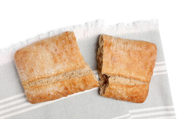 Delicious ciabatta isolated on white, top view