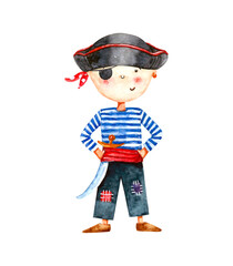Watercolor illustration of cartoon cute pirate boy in red headband, black hat, white and blue striped clothes with sword isolated on white background. - 472679042