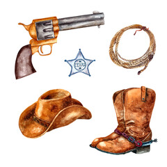 Vintage watercolor wild set. Sheriff badge star, cowboy hat, boots, gun, lasso. Watercolor painting isolated on white background. - 472680059