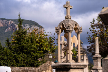 edicule with thinking angel in memory of Gabriel Bordoy, 1911, Alaró Cemetery, Mallorca, Balearic...