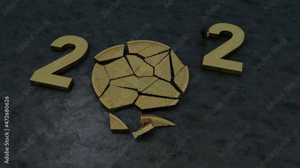 Poster 3d animation symbolizing the end of the cryptocurrency era. the date of the 2022 new year with golde