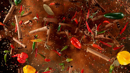 Freeze motion of flying various kinds of spices