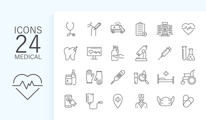 Medical icons. Set outline icons of healscare. Icon mask, vaccination, analysis