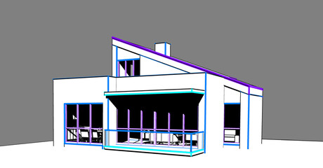 3d illustration of a small modern house of two floors with pitched roof. Abstract home perspective from eye level with blue toned outlines on grey background. 