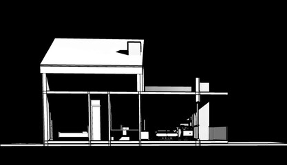3d illustration of a small modern house drawing of two floors with pitched roof and terrace on upper floor.  Cross section perspective facade  with dark deep shadows on black background.