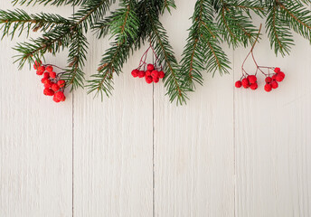 Fototapeta na wymiar Christmas fir tree with natural berries as decoration on white wooden background with copy space