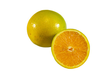 Sliced orange fruit isolated on white background in fine details