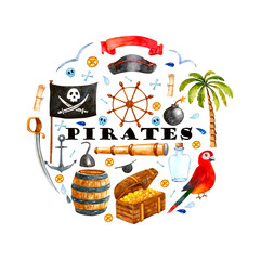 Watercolor hand drawn illustration Pirate set with boy, anchor, flag, helm, chest, telescope, parrot, palm tree isolated on white. - 472682866