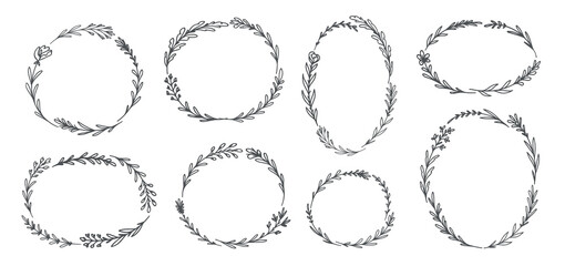 Set of floral frames. Plant elements such as flower, leaf, herb, flower. Hand drawn vector illustration