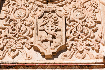 Closeup of The Facade and Sculpted Relief at The San Xavier Del Bac Spanish Mission Near Tucson, Arizona, USA