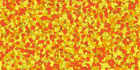 Vector background with red, orange and yellow falling autumn leaves. Abstract seamless pattern from different leafs. Many small leaves. Vector illustration on yellow background