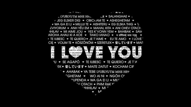 Heart silhouette icon filled of I LOVE YOU words, in multi language lines  playing seamlessly in 4K resolution