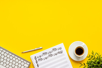 Musicians desk music recording with music sheets