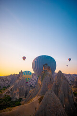 Bright hot air balloons in sky of Cappadocia, Turkey