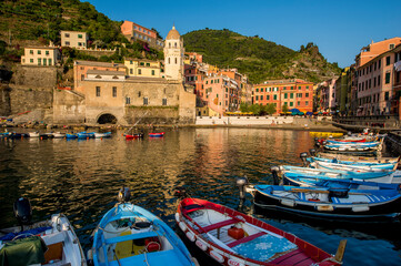 Santa Margheritte de Antiochia church and harbor, Vernazza, Cinque Terre, Italy.