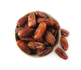 Sweet dried dates in bowl on white background, top view