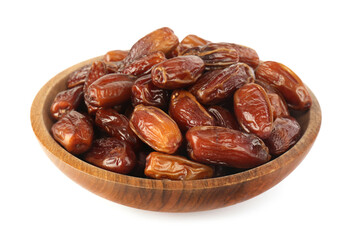 Sweet dried dates in bowl on white background