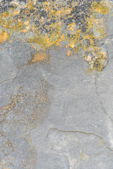 Gray wall, thick concrete background with natural cement texture with yellow rust stains. Copy space for text.