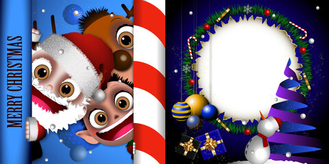 Blue Christmas background with motifs such as Christmas balls, candy canes, ribbons, gold confetti, stars, Christmas tree and gifts and smiling Santa Claus, an elf and a reindeer