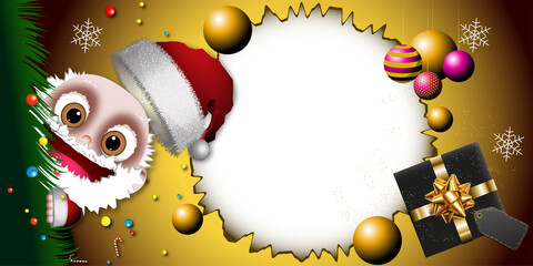 Christmas background with blank circle for texts and logos and with smiling Santa Claus peeking out from behind the Christmas tree, with gift box, golden spheres,  candy canes and Christmas balls