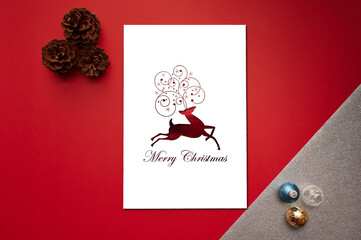 Christmas decoration card and illustration for Holliday red background with pinecones lights for corporate or personal invitations 