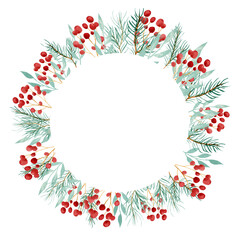 Watercolor illustration, frame of fir branches and berries. Botanical winter illustration for greetings etc.