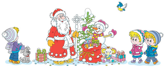 Santa Claus and a funny toy snowman with a snowy Christmas fir tree and a magic bag of holiday gifts for little children, vector cartoon illustration isolated on a white background