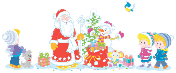 Santa Claus and a funny toy snowman with a snowy Christmas fir tree and a magic bag of holiday gifts for little children, vector cartoon illustration isolated on a white background