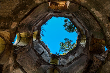 View view from inside at the ruins tower of the old castle in the village of Chervonograd, Ternopil region, Ukraine