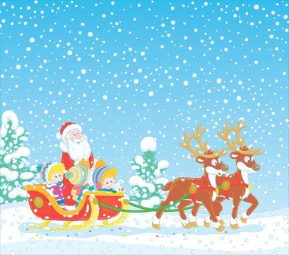 Winter background with Santa Claus riding happy little kids in his magic sleigh with merry reindeers on a snowy Christmas day, vector cartoon illustration