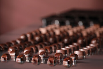 Many delicious chocolate candies on table. Production line