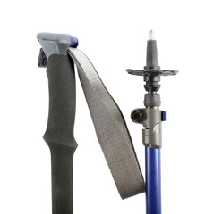 Pair of trekking poles on white background, top view. Camping tourism