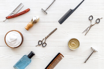 Barber shop equipment with hairdressing scissors. Top view