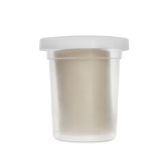 Plastic container of color play dough isolated on white